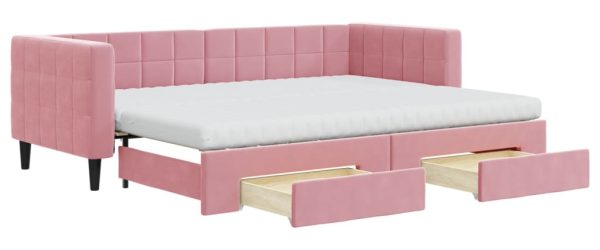 Lyserød daybed med opbevaringsplads i form af udtræk og skuffer - 80 x 200 cm.